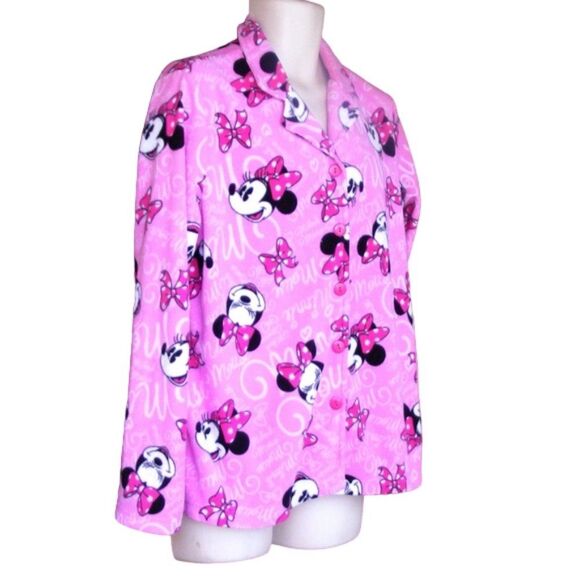 DISNEY Minnie Mouse Pajama Top, XL, Pink Fleece, Bows, Button front, Long sleeve - Picture 2 of 7